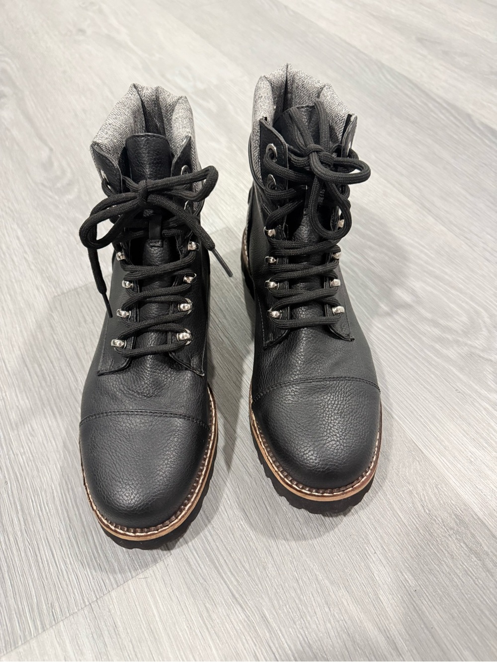 Nautica Faylene Black Faux Leather Lace Up Combat Boots